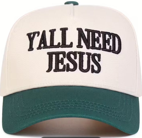 Y'All Need Jesus Snapback Cap - Cream and Green